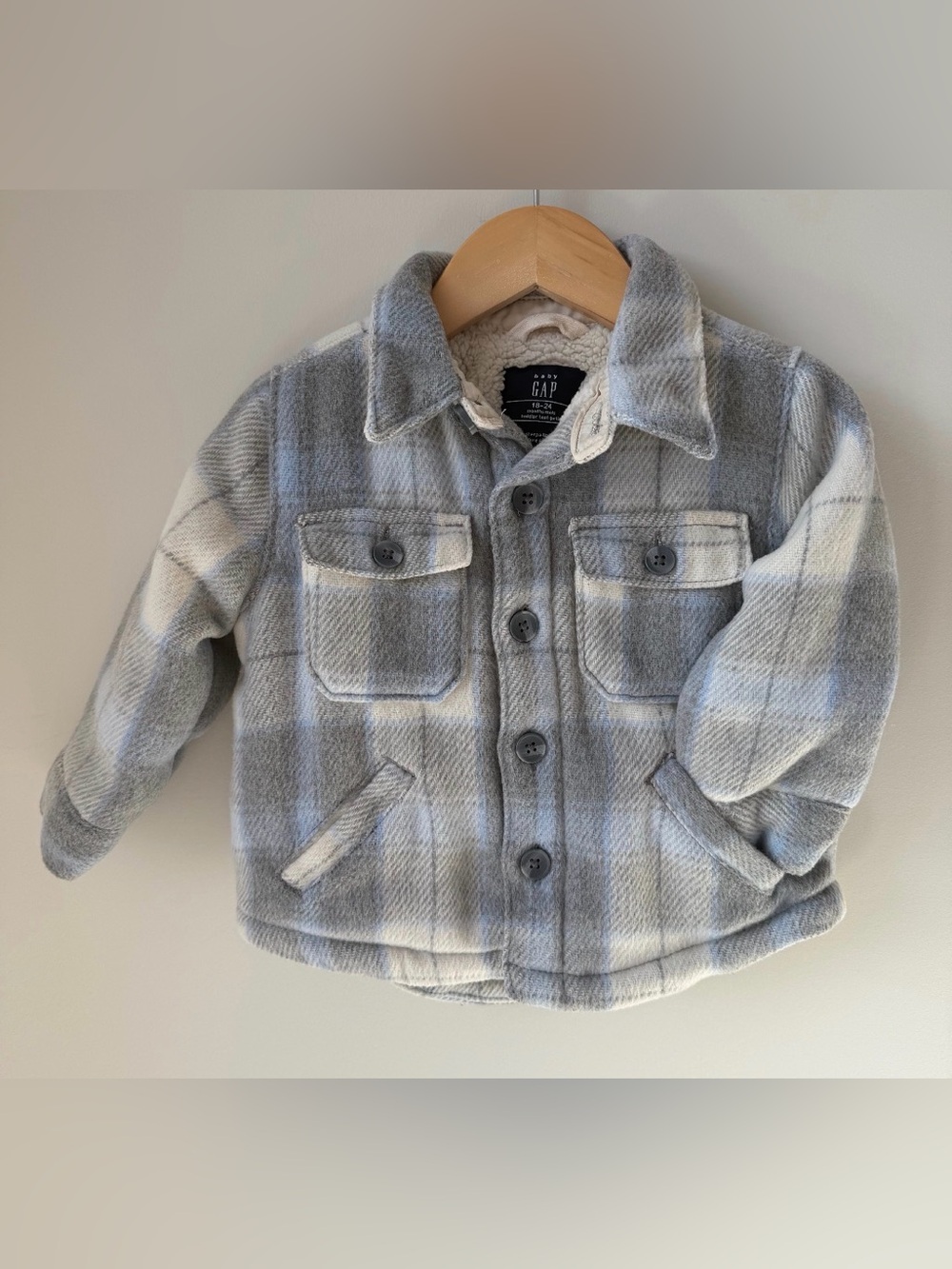 GAP Gray and White Plaid Sherpa-Lined Baby Shacket 18-24M